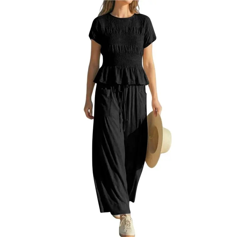 

CYL-Womens 2 Piece Smocked Top Wide-Leg Pants Set High-Waisted Lounge Outfit With Pockets Matching Set Black L