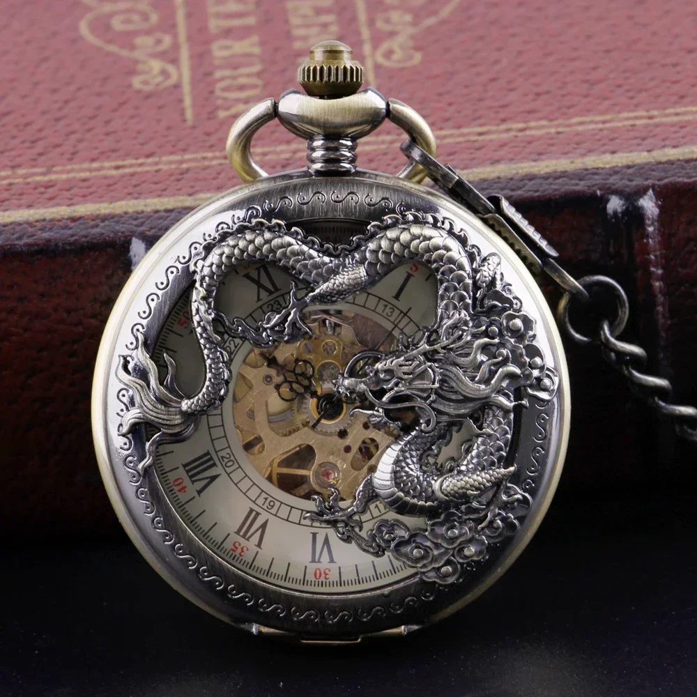 

Mechanical Pocket Watch Mens Hand-winding Skeleton Dragon Chain Retro Pendant Timepiece Roman Numerals Display Pocket Clock