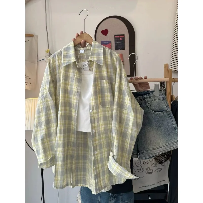 

een Plaid Pure Cotton irt Women's Lazy Sle Casual Mid-Length Meat Covering Sunscreen Long Sve Top Korean Sle Commute