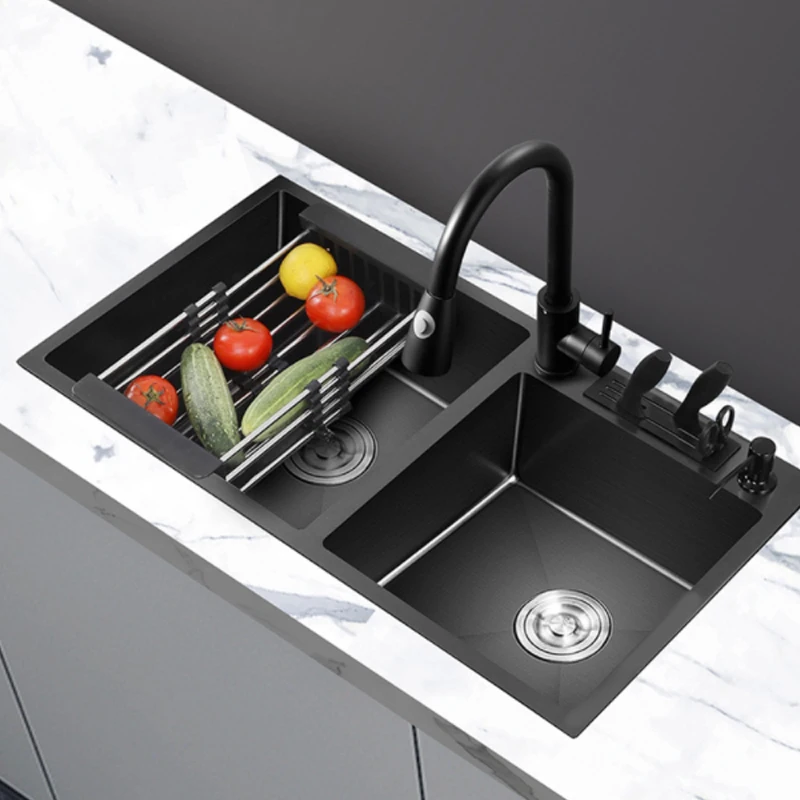 

72x40cm Black Washing Basin 304 Stainless Steel Kitchen Sink with Knife Holder Vegetable Double Bowel Sink With Faucet Thickened