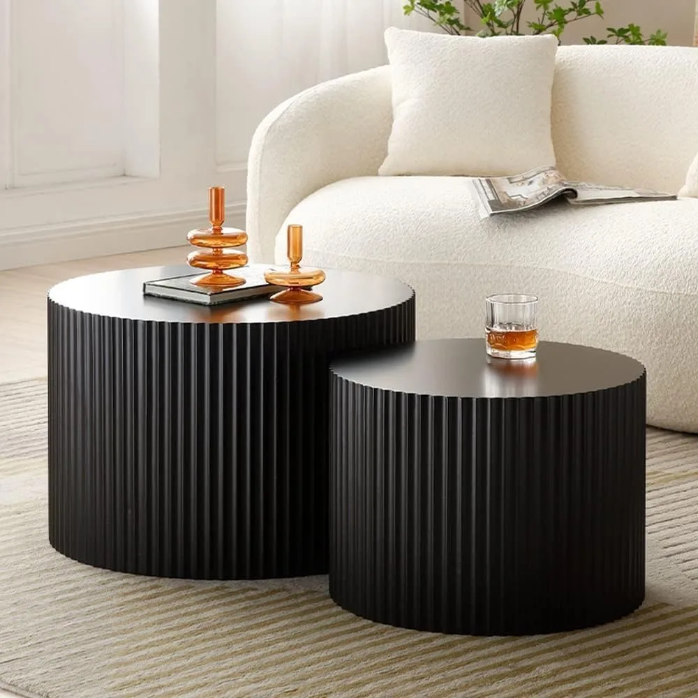 

US Shipping Nesting Coffee Tables Set of 2 Black Round Fluted Drum End Tables Modern Wood Accent Tables for Living Room No