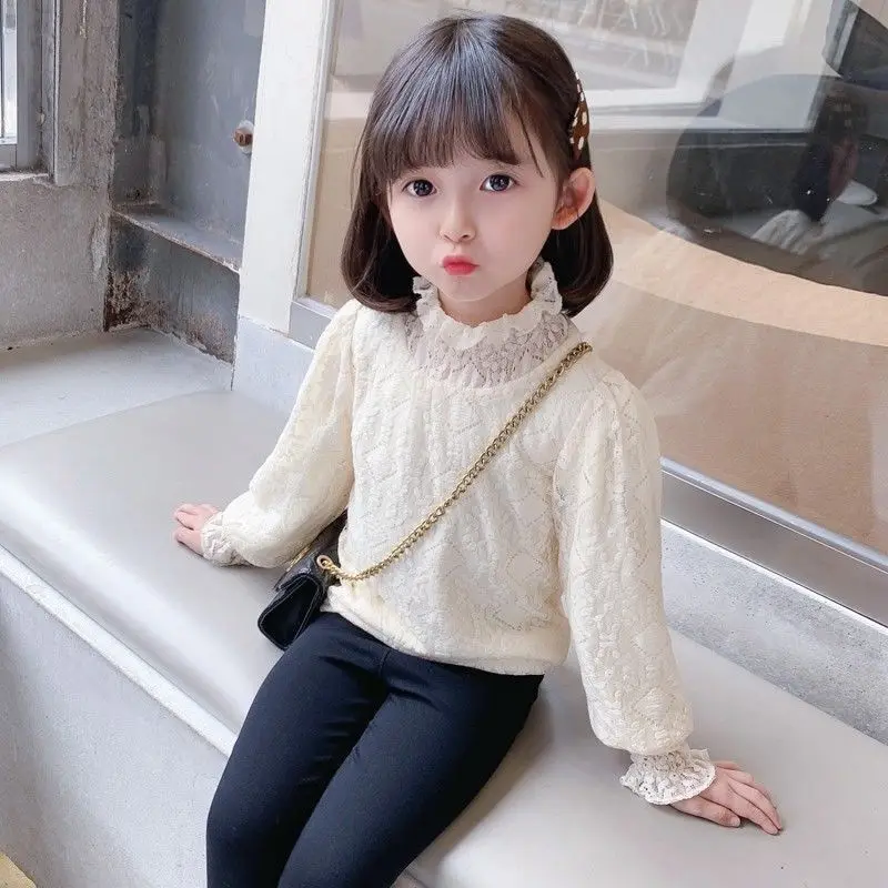 Autumn Winter New Fashion Plush Keep Warm Bottoming Shirt for Girls Long-sleeved Lace High-neck Design Children Clothes T133