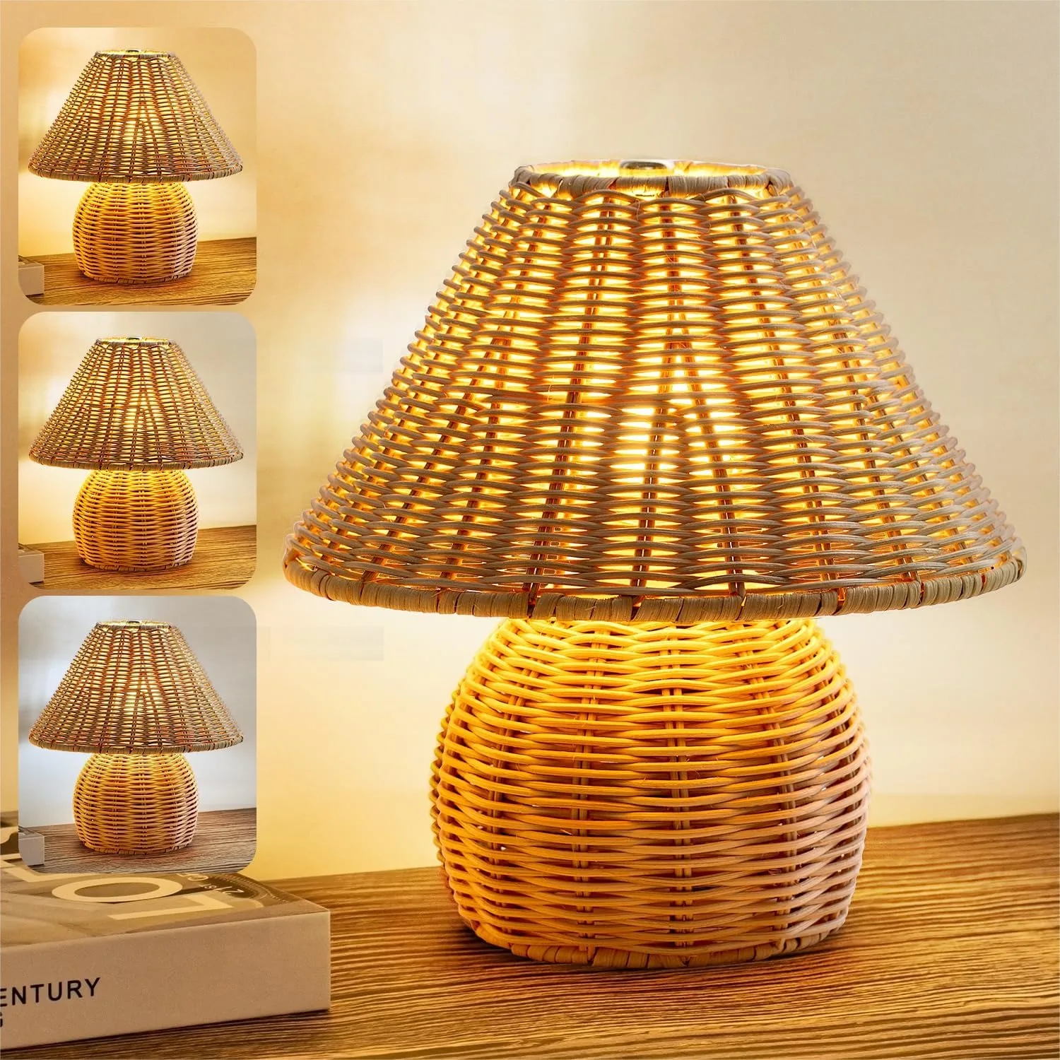 

Bamboo Table Lamp Handmade Boho Rattan Bedside Lamp, 3 Colors Adjustable Vintage Wicker Nightstand Lamp with E26 Bulb for
