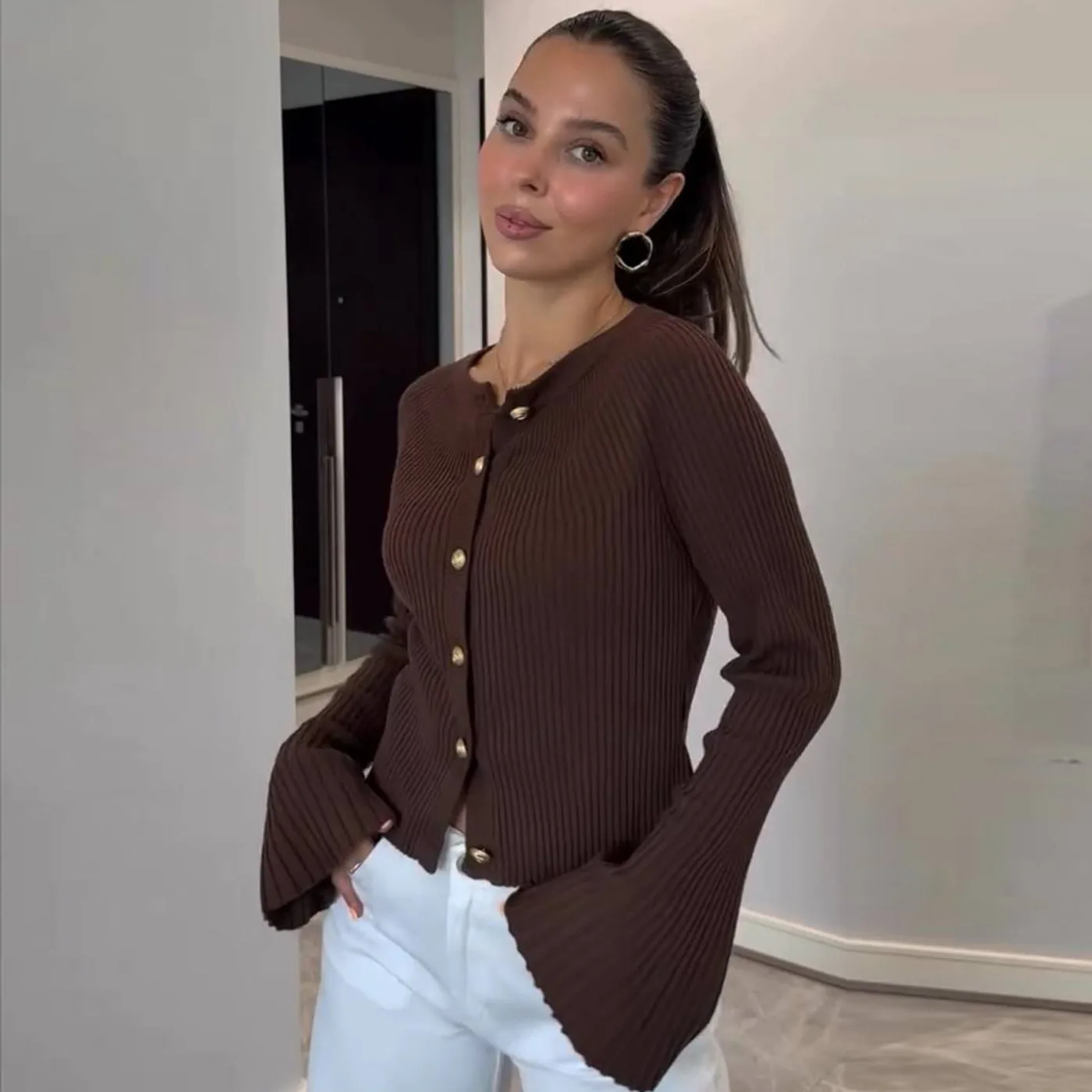 

Fmxires Long Sleeve Knitted Cardigan For Women Solid Rib Single Breasted Sweater Slim Fashion 2025 Autumn Winter Female Knit Top