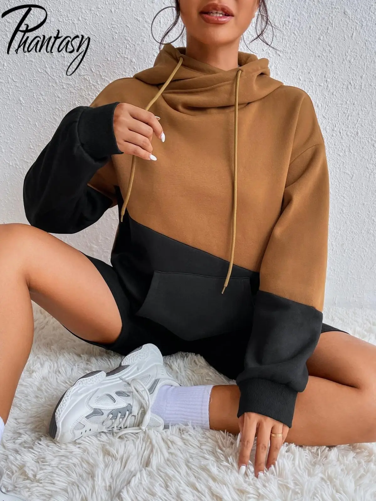 Fantasma solto casual hoodie feminino topo moletom feminino contraste com capuz rua moda solta com capuz roupas vintage