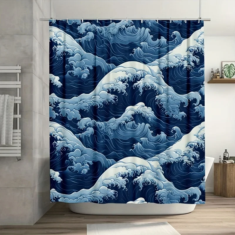 ドラマチックな青い波の海模様のシャワーカーテン防水航海風バス装飾日本美術シャワーパネルカーテン
