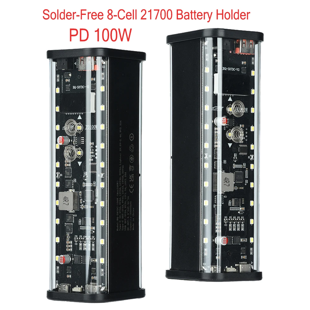 Power Banks - PD 100W 超急速充電対応 パワーバンクキット、はんだ付け不要、8セル21700バッテリーホルダー、DIY充電用、透明ケース