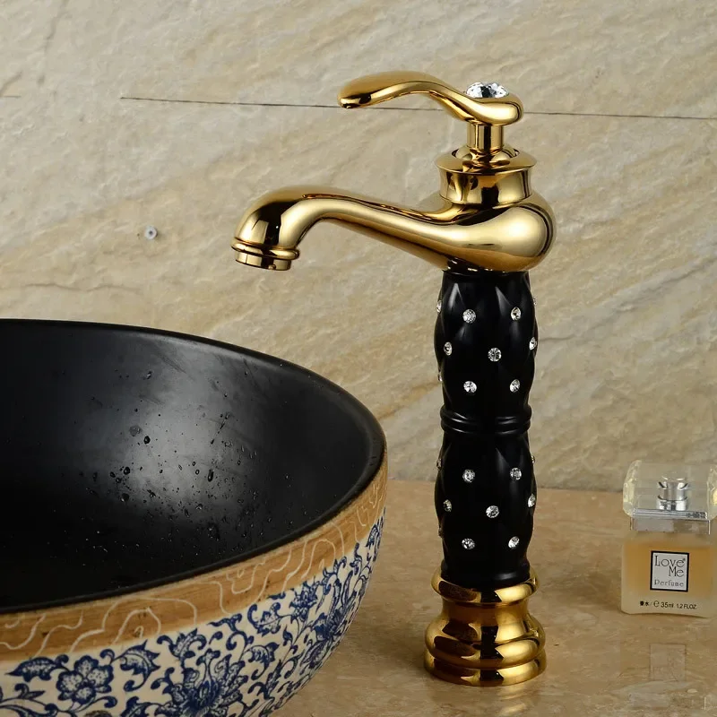 

Basin Faucets Luxury Gold Mixer Tap Deck Mounted Tall Bathroom Faucets Single Handle Vanity Single Hole Mixer Water Taps