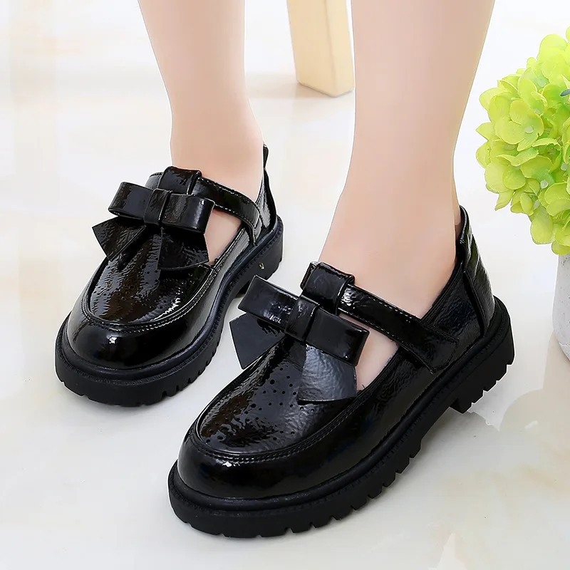 

British Style Black School Girl Shoes Glossy Children's Leather Shoes Spring Autumn Bowtie Versatile Kids Causal Princess Shoes