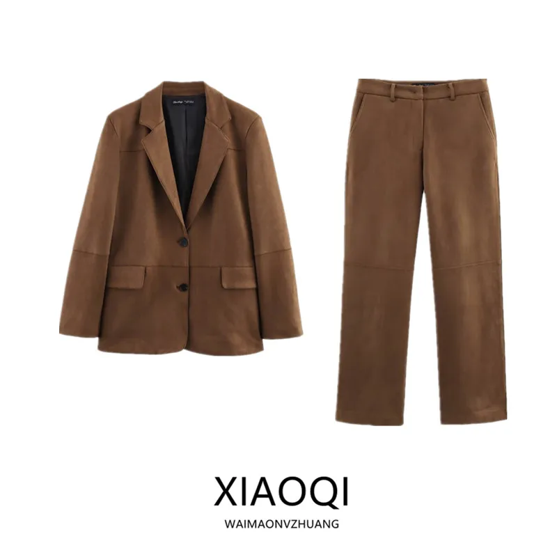 

Spring 2025 Women's Faion oulder Pad Suit Jaet Long Sve Turn-down Collar Straight Leg Trousers Workwear orm