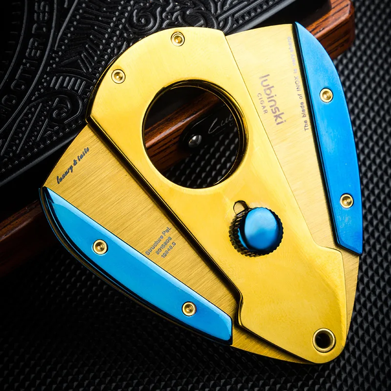 Zinc Alloy Cigar Cutter Gold Blue Stainless Steel Carving Double Blades with Gift Box