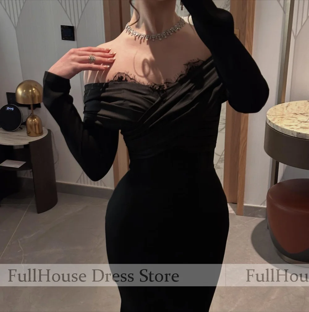 العرف الأسود قبالة الكتف كم طويل مطوي ثوب مسائي قطار عارية الذراعين حورية البحر مثير ماكسي فستان عربي سعودي مع الدانتيل