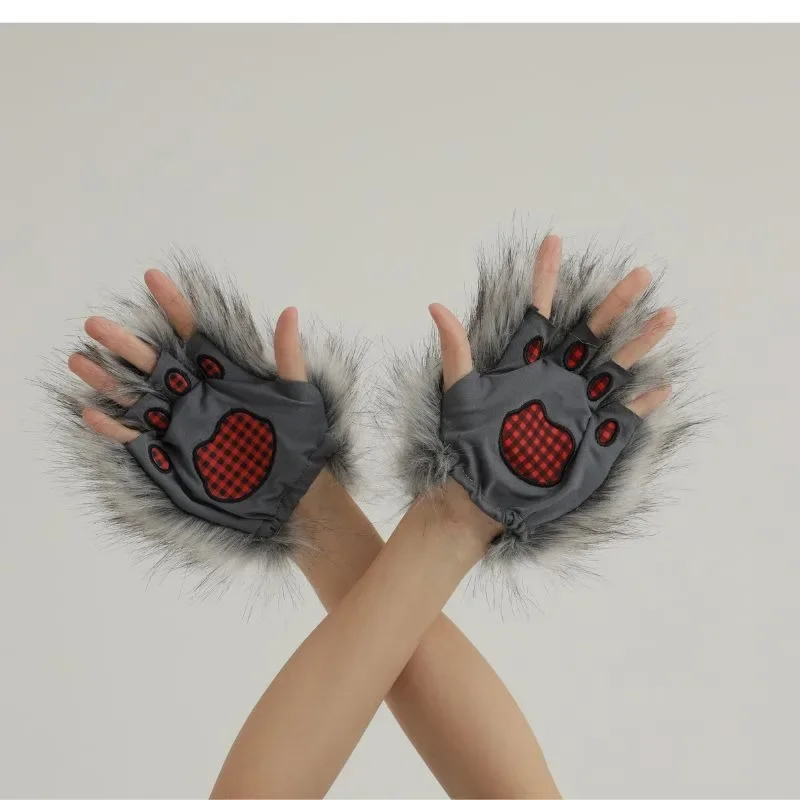 Adult Soft Plush Wolf Gloves Furry Paws Costume Accessory for Halloween Christmas Party Cosplay Stage Performance