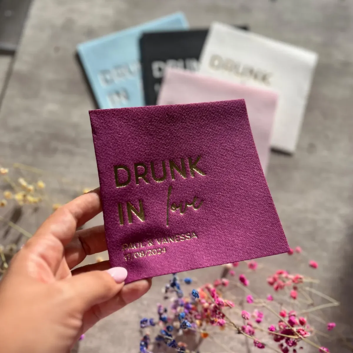 Personalized cocktail Napkins wedding, soft linen like, airlaid Custom wedding Napkins, Napkins for wedding, Drunk in Love napki