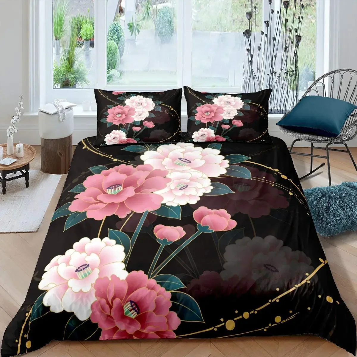Watercolor Peony Duvet Cover for Girls Women, Flower Bedding Comforter Cover for Wedding,Valentine's Day with 2 Pillowcases
