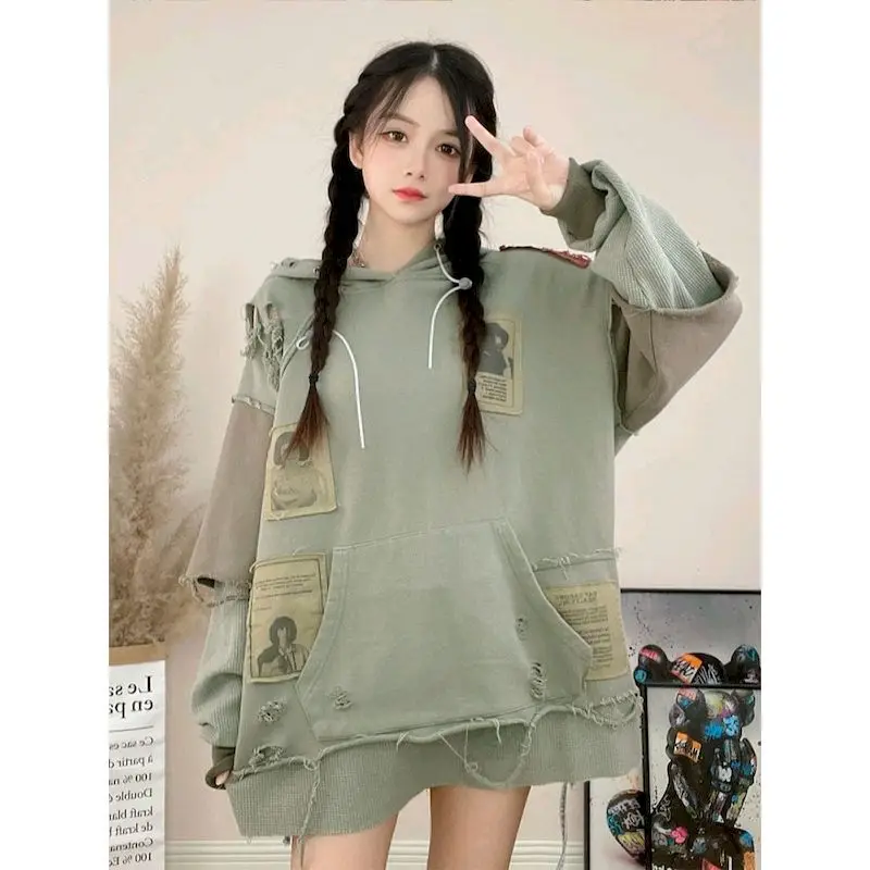 Oversized Hoodies Women Fashion Patchwork Holes Hooded Coats Casual Loose Mid-length Tops Spring Autumn Trend Hoodie Y2k Clothes