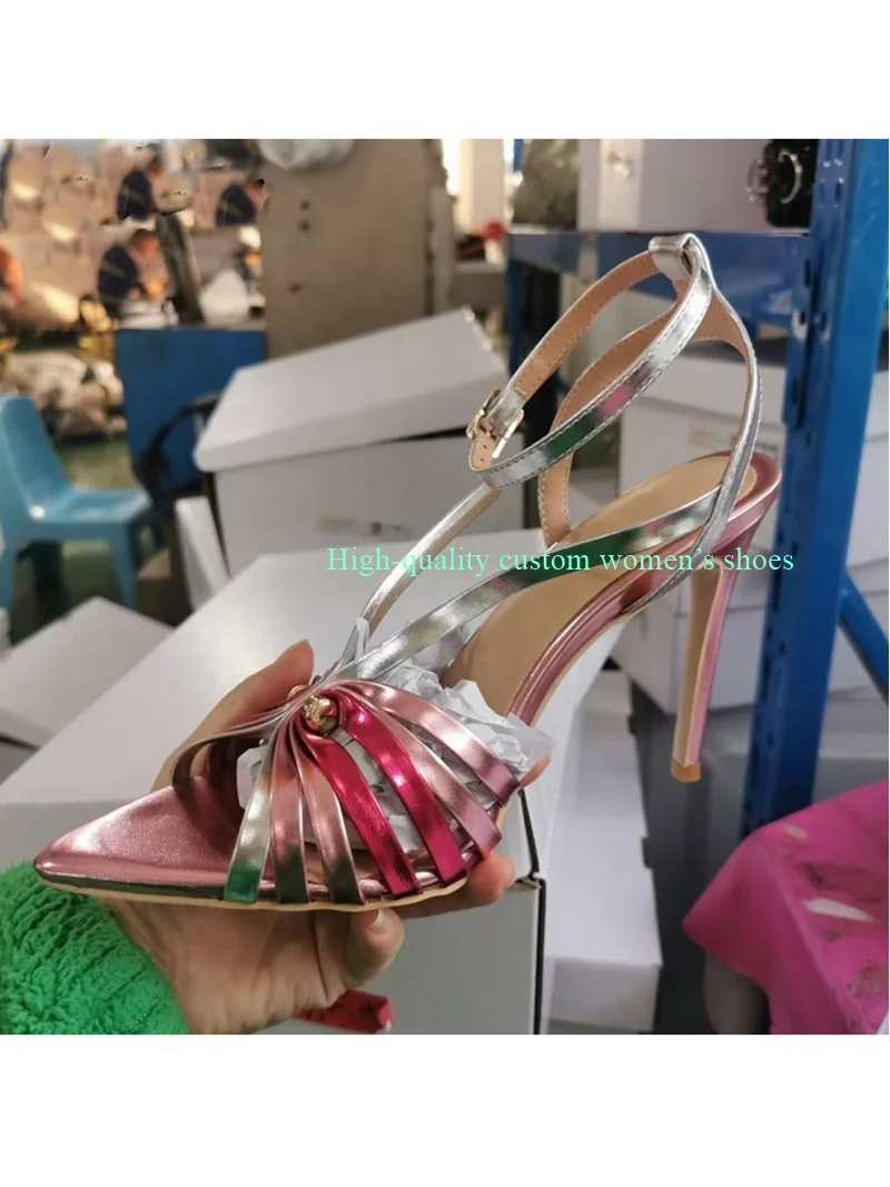 Red Thin Strap Combination Instep Openwork Sandals Blue Ankle Strap Stiletto heels Sell Like Hot Cakes Formal Footwear for Women