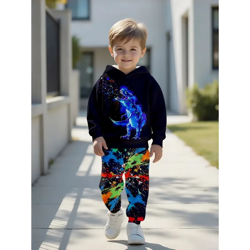 Kids Hoodie Jogger: Splash Dino Print, Neon Spider Graphic, Racing Letter Panel, King Text, Monster Truck Tracksuit