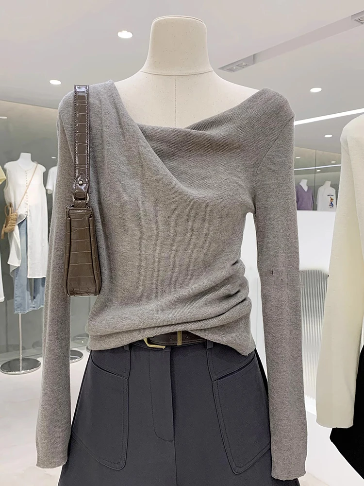 

Korean Style Uneven Neckline Knitwear Women's Slim Fit Base Layer Sweater Trendy Early Autumn Fashion Sweet Style Long Sleeve