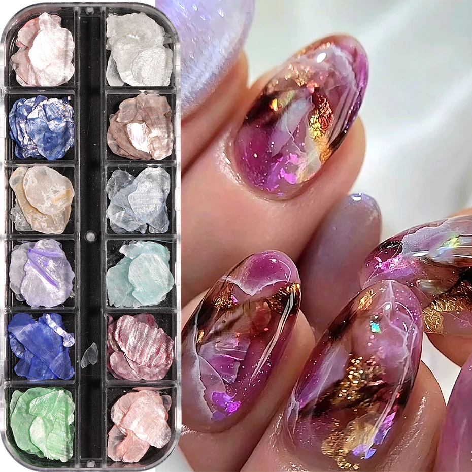 12 Grids Shell Nail Art Flakes Iridescent Thin Sea Shell Slices Opal Shell Fragments Nail Decoration 3D Glitter Sequins Manicure