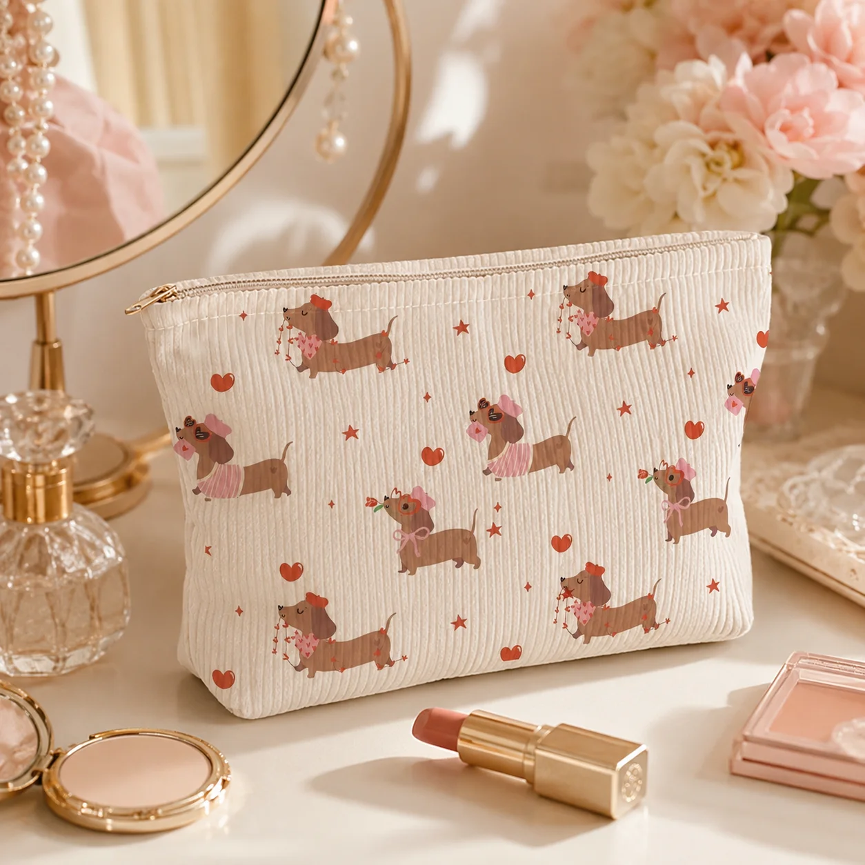 Cute Dachshund Corduroy Cosmetic Bag Large Zipper Makeup Pouch for Women Girls Travel Toiletry Organizer Pencil Case