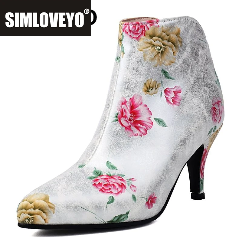

SIMLOVEYO модные женские ботильоны с цветочным принтом, острый носок, тонкий каблук, молния 7,5 см, большой размер 46 47 48, разноцветные женские повседневные бота