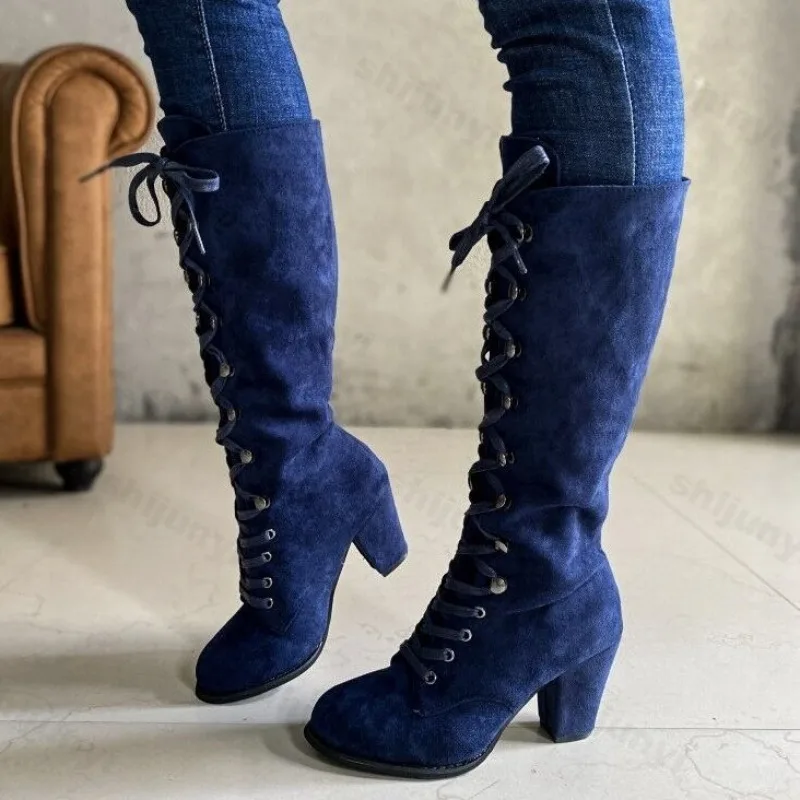 Autumn Women Long Boots 2025 Shoes Fashion Vintage Lace-up Boots Women Round Cowboy High Heels Booties Shoes Woman Botas Mujer