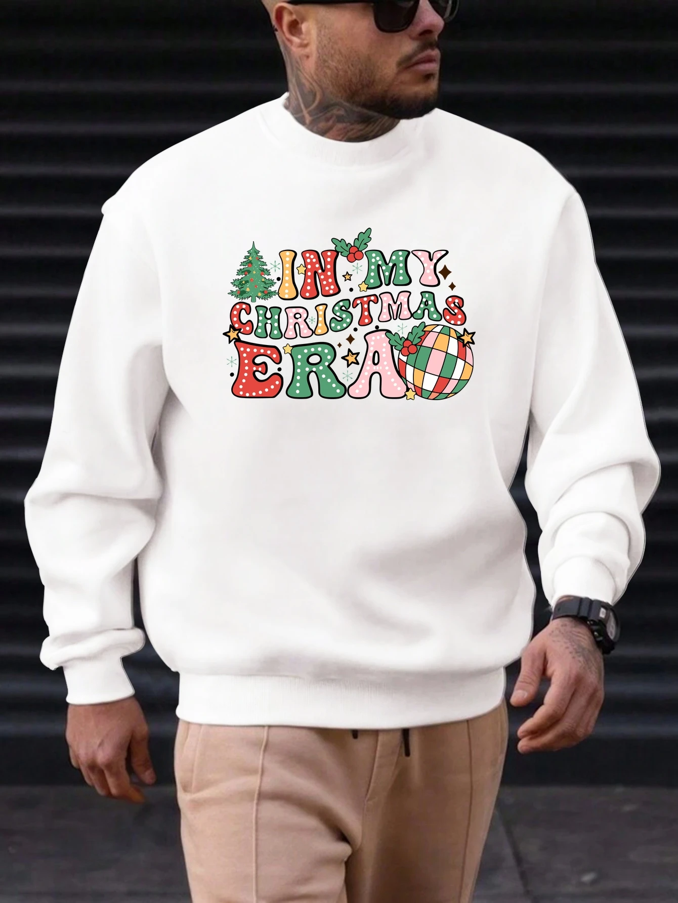 

Men's Cotton Crewneck Sweatshirt Christmas IN MY CHRISTMAS ERA Colorful Print 2025 Trending Festival Streetwear Top for Holiday