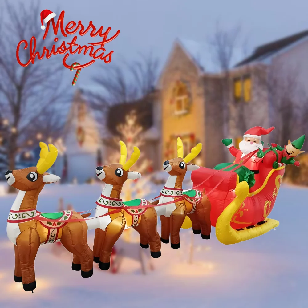 3.7 متر عيد الميلاد نفخ سانلو زلاجات سحب سانتا كلوز المدمج في أضواء LED حلية عيد الميلاد حفلة السنة الجديدة حديقة ديكور الدعائم