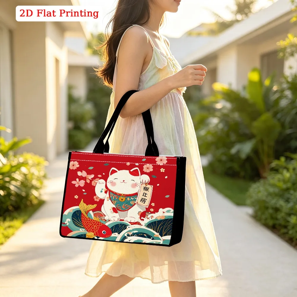 Lucky Maneki Neko Fortune Cat Koi Carp Wave Sakura Japanese Style Print Large Tote Bag, Red New Year Aesthetic Handbag