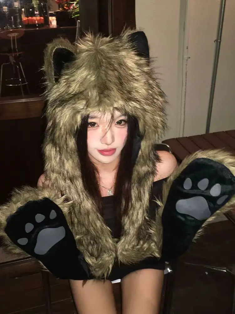 

Cute Fur Scarf Hat Winter Keep Warm Y2k Aesthetic Fashion Vintage Cap Bears Ears Women Hats Grunge Streetwear