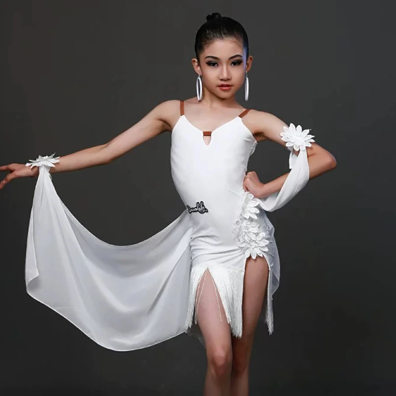 Children Professional White Tassels Sleeveless Latin Dance Costumes Girls Kids Mesh Bodysuit Skirts Sets Competition Dancewear