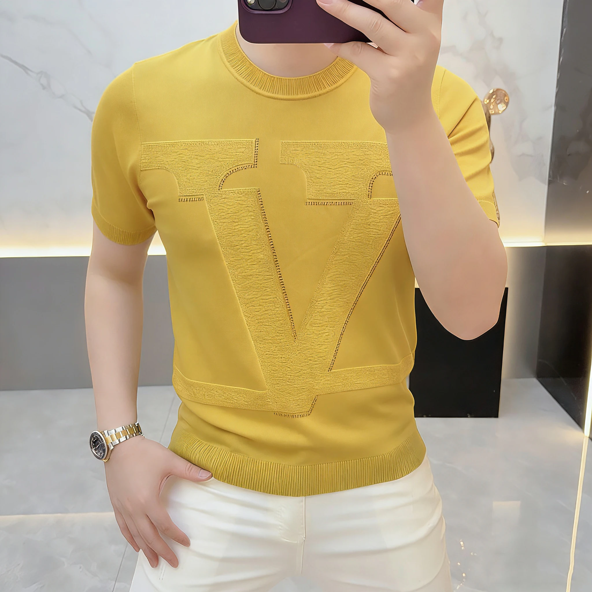 Luxury Rhinestone Knitted T-shirt for Men Round Neck Ice Silk Knitted T-shirts Fashion Casual Business Streetwear T Shirt 2026