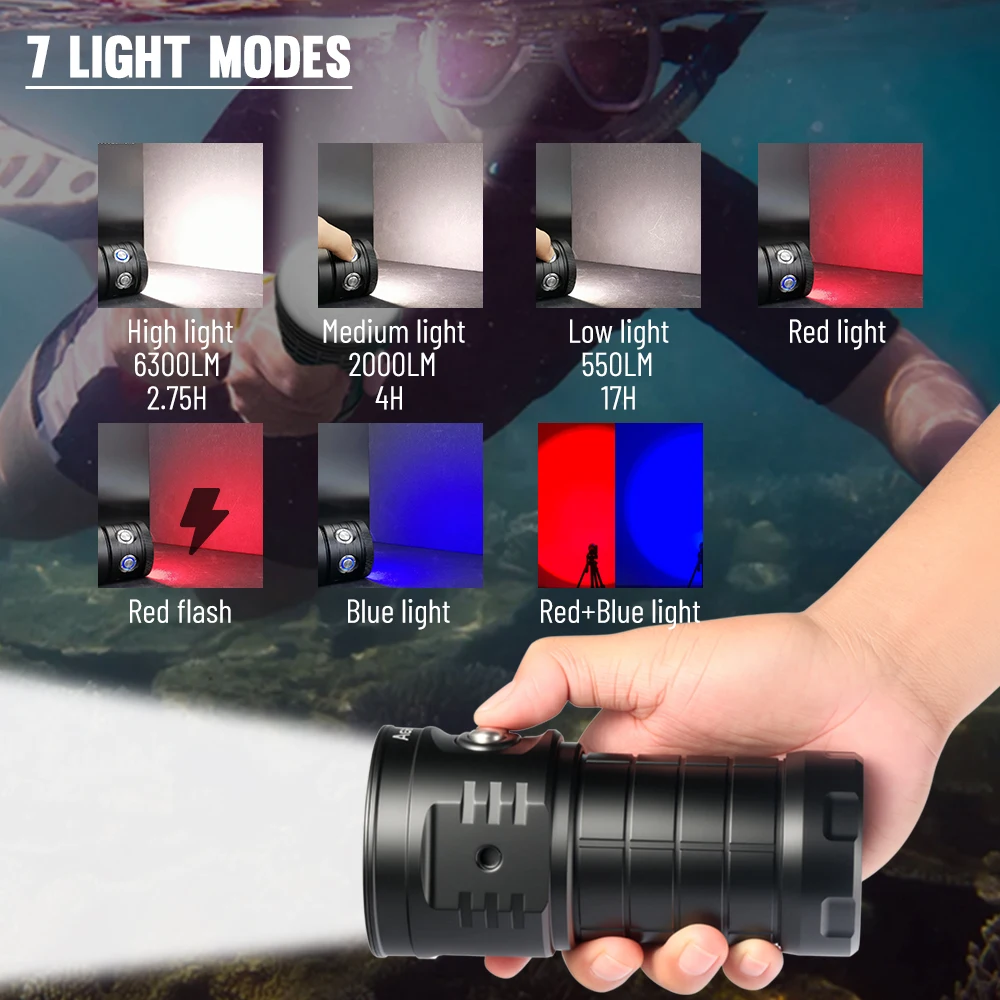 Asafee C16 Underwater Photography Flashlight 6300Lumen White Red Blue Video Fill Light Torch Underwater Diving Lamp