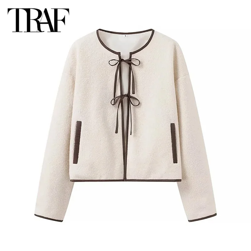 TRAF Cropped Cardigans 2024 Women's Warm Winter Short Jackets Elegant Butterfly Lace-Up Long Sleeve Coats New In Outerwears