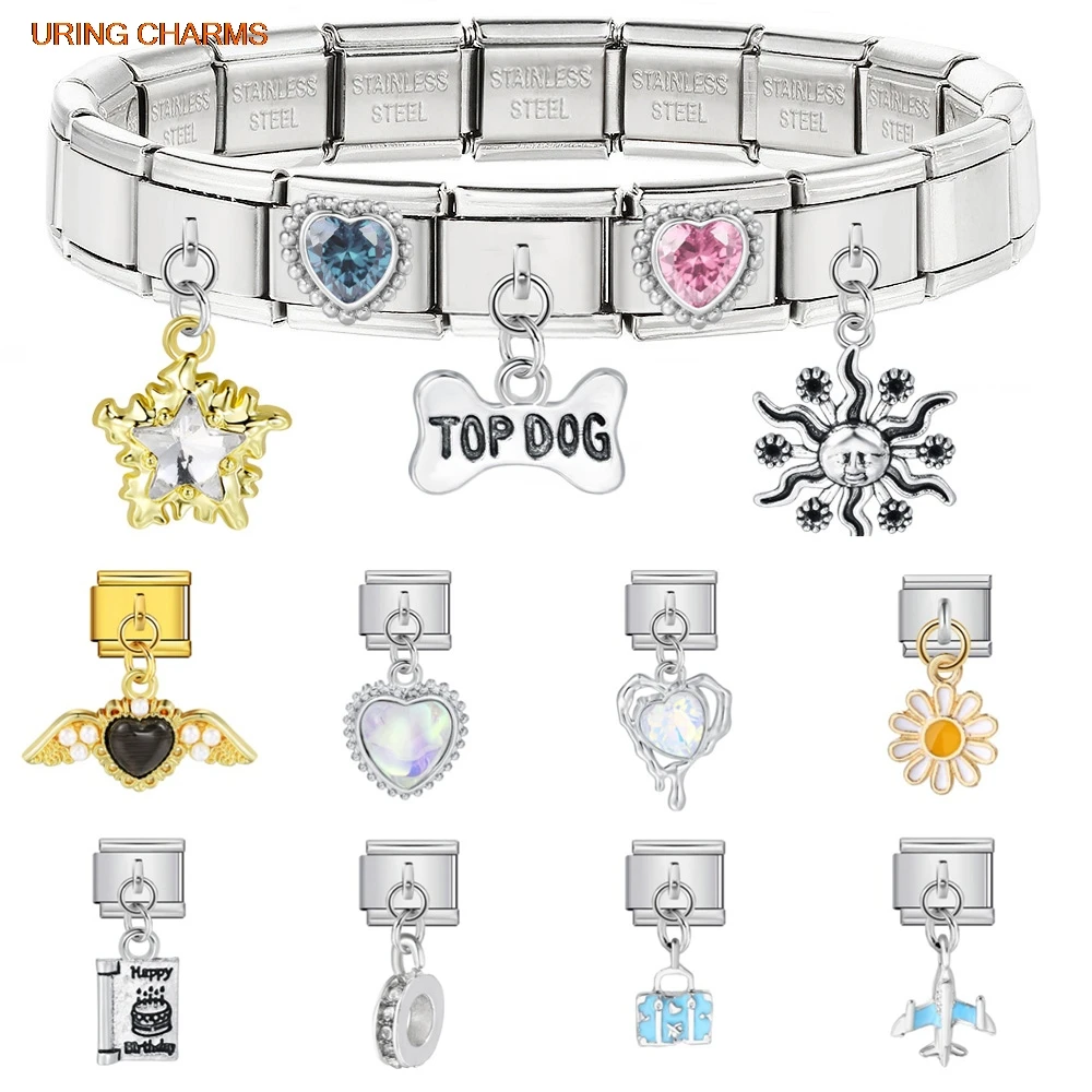 Elastic Charm Pendant Heart Cake Star Bag Airplane Italian Link fit 9mm Bracelet Making Stainless Steel Fashion Jewelry DIY