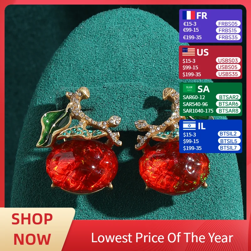 

Studs Earrings For Woman Red Glazed Pomegranate Rhinestones Inlay Quality Luxury Designer Jewelry Gold Color Vintage 2025 New