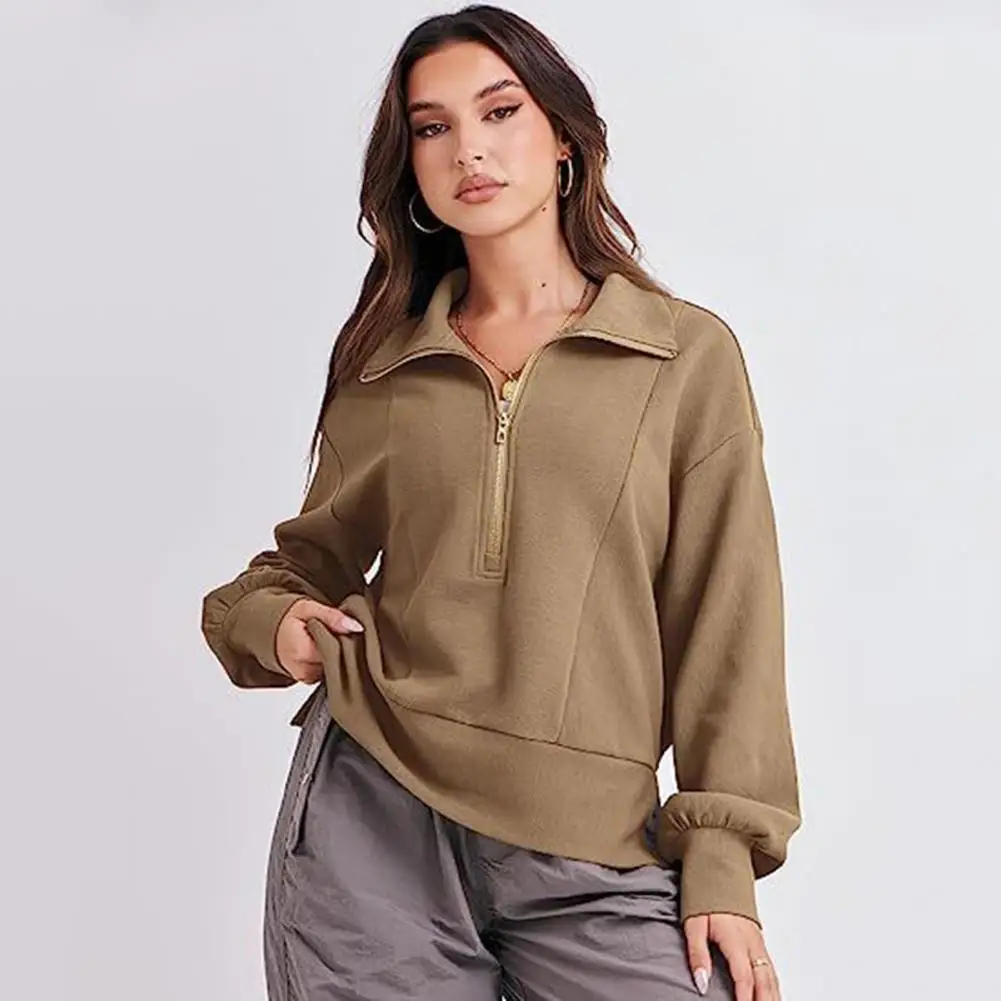 Super Soft Women Pullover Tops Autumn Streetwear Women's Loose Fit Pullover Tops with Large Lapel Zipper Neckline Solid Color