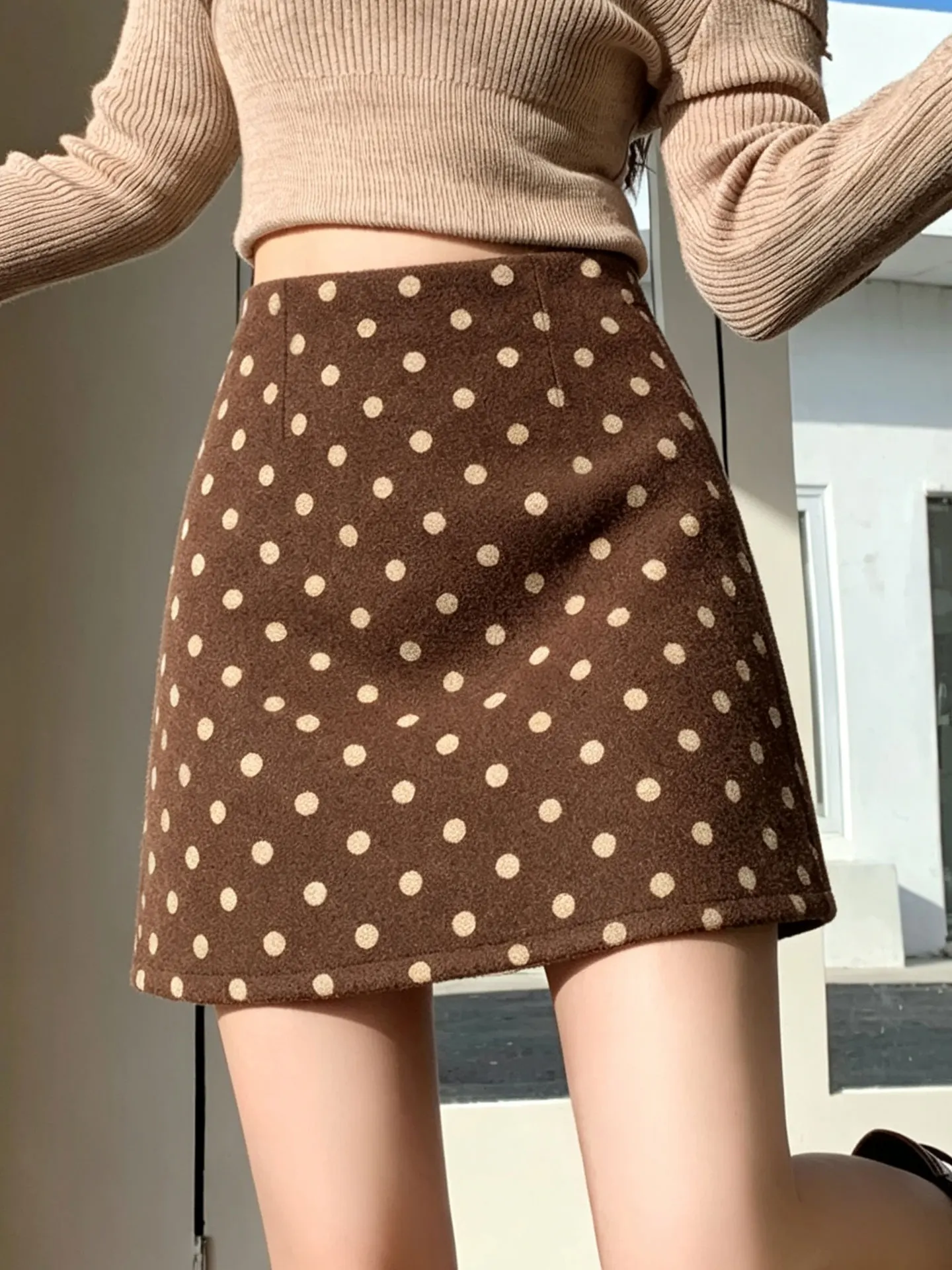 Retro Suede Polka Dot Half Skirt Women's High Waist Slim A-Line Short Skirt Spring Summer Autumn Winter Korean Style Breathab...