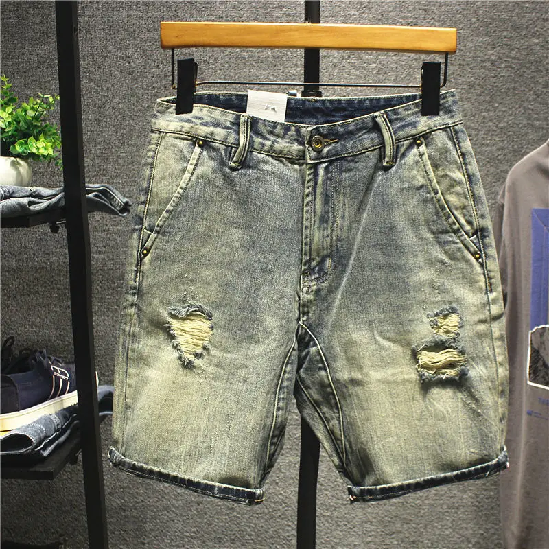 

Лето 2025 г., тонкие рваные корейские роскошные шорты в стиле ретро, мужские рваные свободные прямые брюки-жебраки, мужские джинсы, дизайнерские джинсовые джинсы
