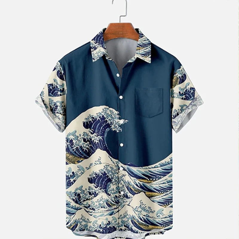 Hawaiian shirts luxury wave 3d pattern shirts men's fashion shirts short sleeve shirts lapel beach shirts menswear