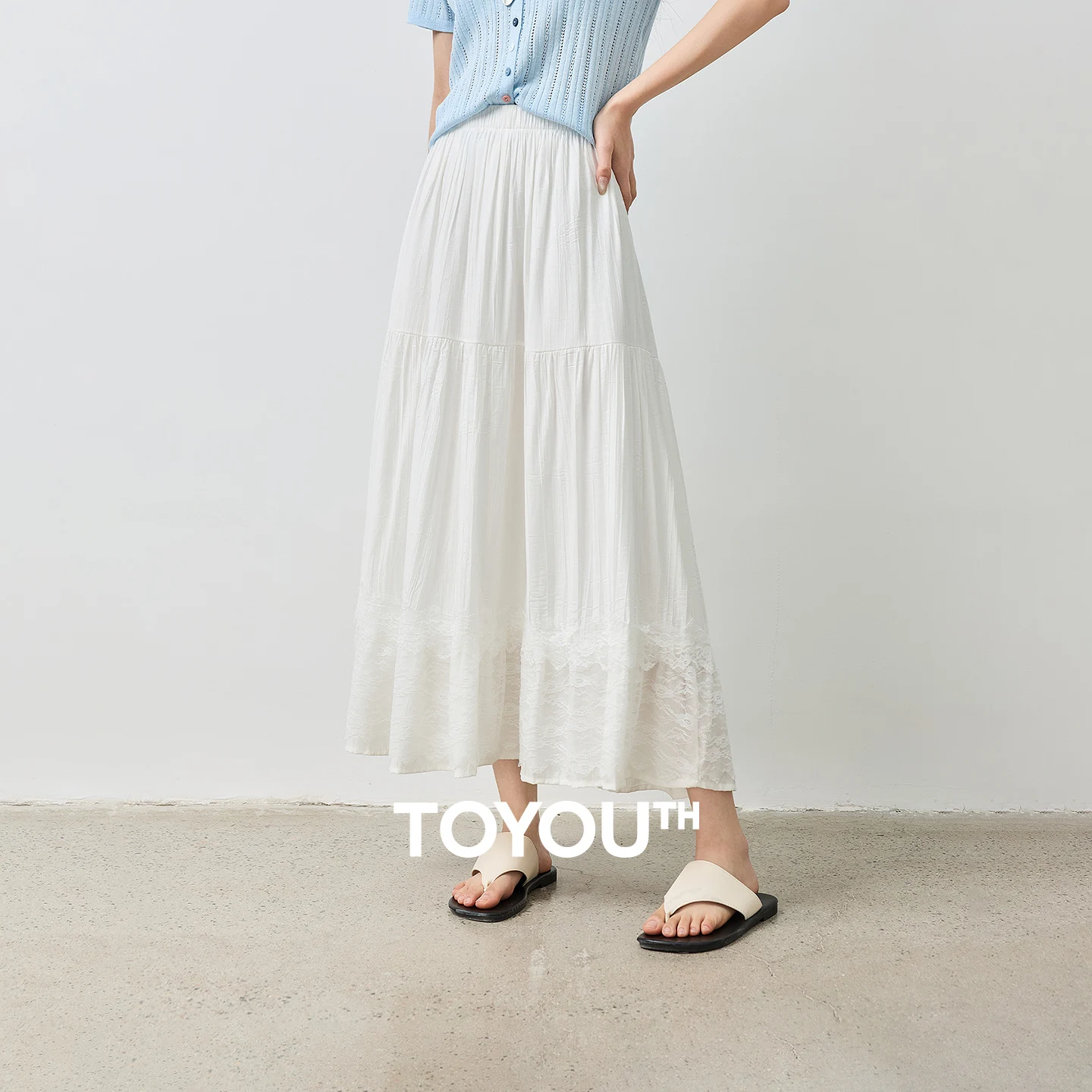 

TOYOUTH Women Skirt 2026 Summer New Elastic Waist Textured Fabric Patchwork Lace White Moonlight Goddess Skirt