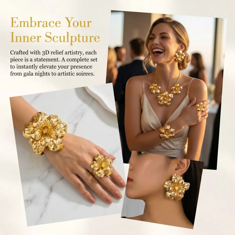 Retro Style Metal Flower Jewelry Set European Style Vintage Design Gold Flower Statement Accessories Gold Color Large Flower