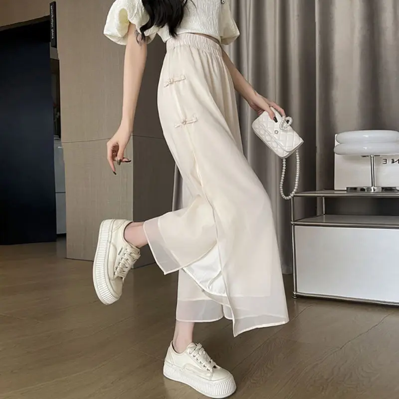 Estilo chinês chiffon calças de perna larga para o verão feminino 2025 novo solto tornozelo comprimento casual saia fina calças cintura alta baggy