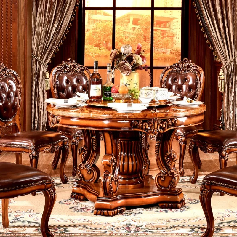 European-style solid wood marble dining table and chairs combination round room furniture one table 4 chairs dining table
