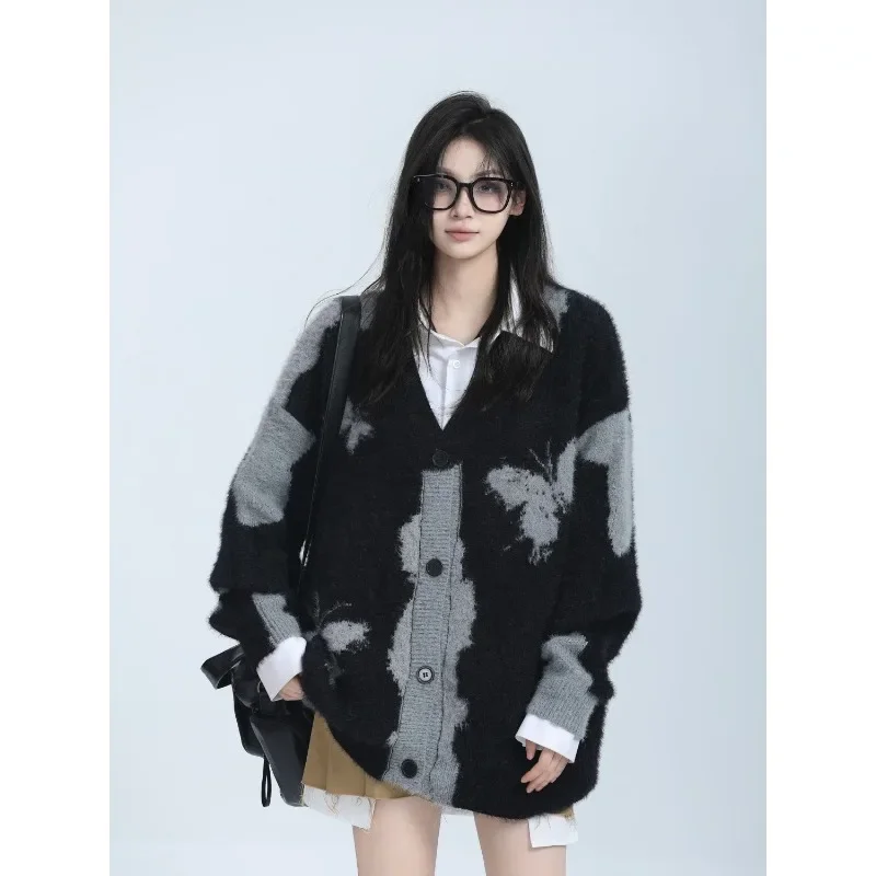 Trend Men's and Women's Spring Autumn Knit Cardigan Knitted Sweater Butterfly Couple Color Blocking Retro Jacquard Design Simple