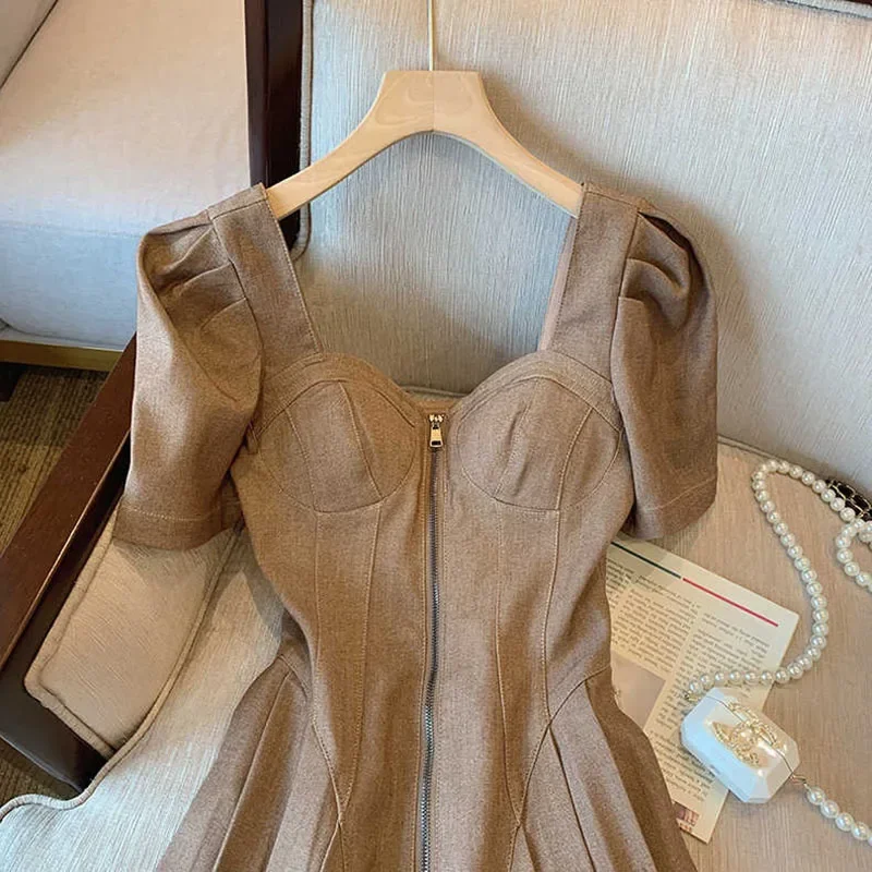 Brown Vintage Dress Zipper Dress Summer 2024 Chocolate Camisole Sexy Skinny Elegant Chic Female  A-line Casual Lady Dress