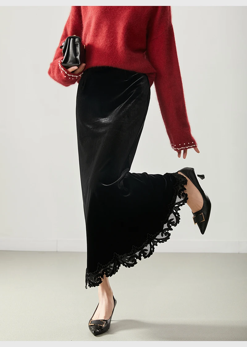 Vestido largo hasta el suelo cosido con borde de encaje de media longitud de terciopelo de seda para mujer con estilo de cola de pez, elegante, romántico, informal y lujoso.