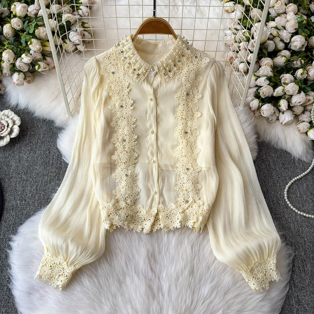 

Female French Romantic Cozy Top Shirts Beading Embroidery 3D Appique Blouse Lady Vintage Sweet Lolita Court Festival Holiday Top