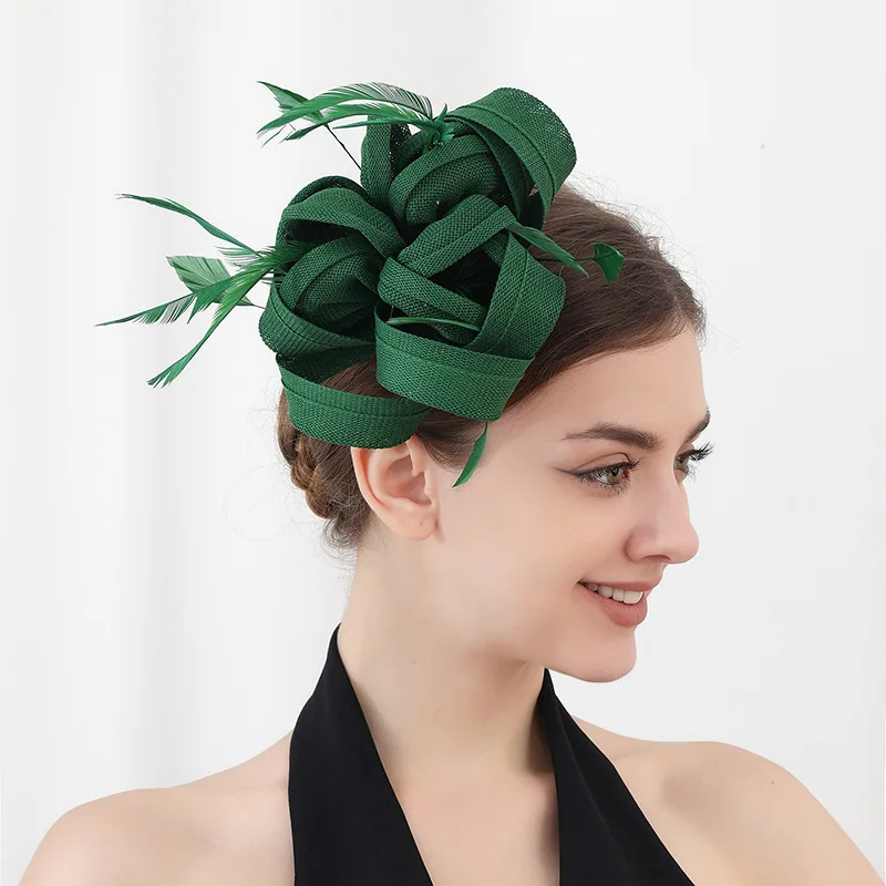 

Wedding Green Fascinator Women Hats Bride Mariage Feather Headwear For Party Dinner Hair Accessories Church Occasion Pillbox Cap